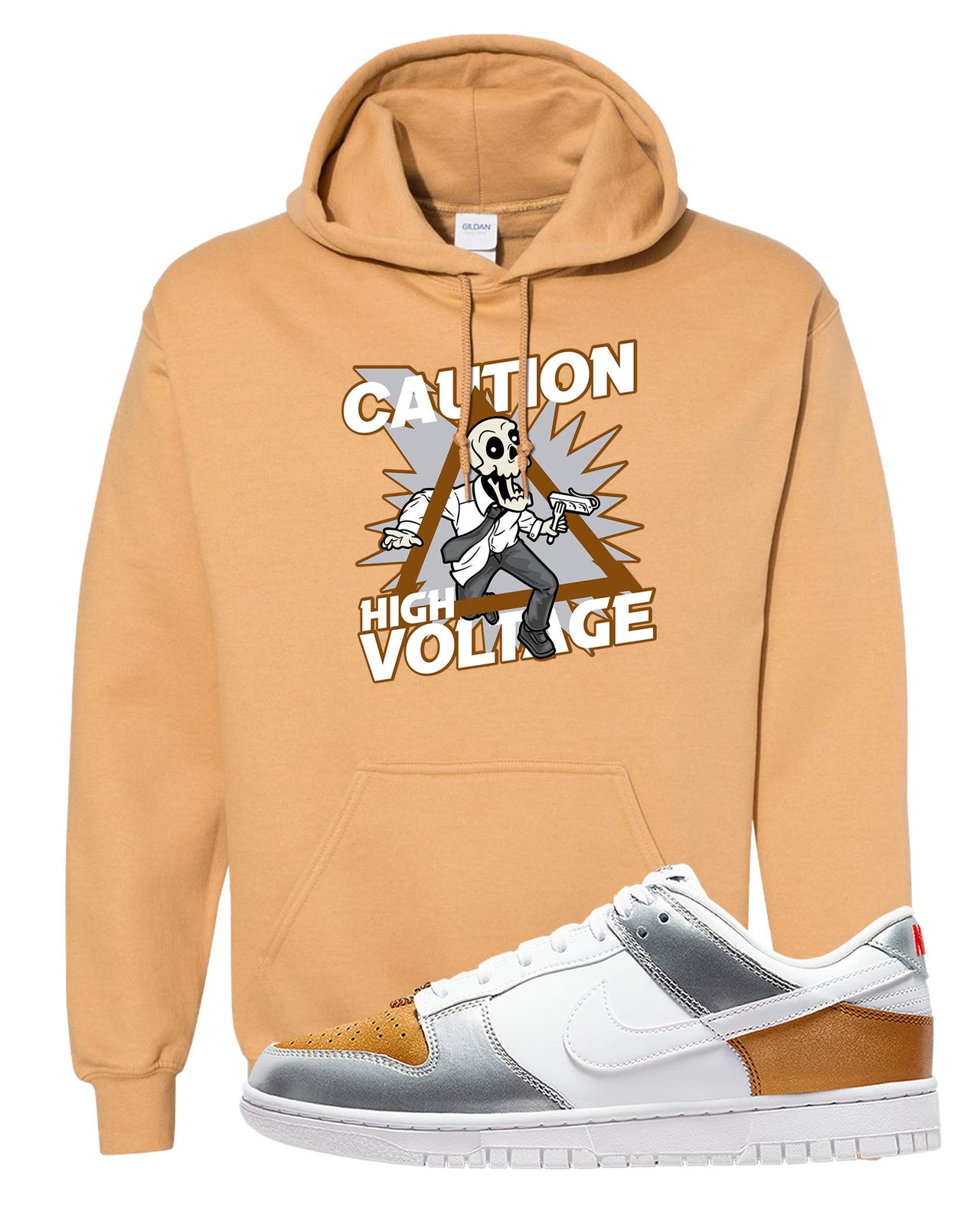Gold Silver Red Low Dunks Hoodie | Caution High Voltage, Old Gold