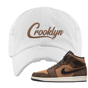 Earthy Brown Mid 1s Distressed Dad Hat | Crooklyn, White