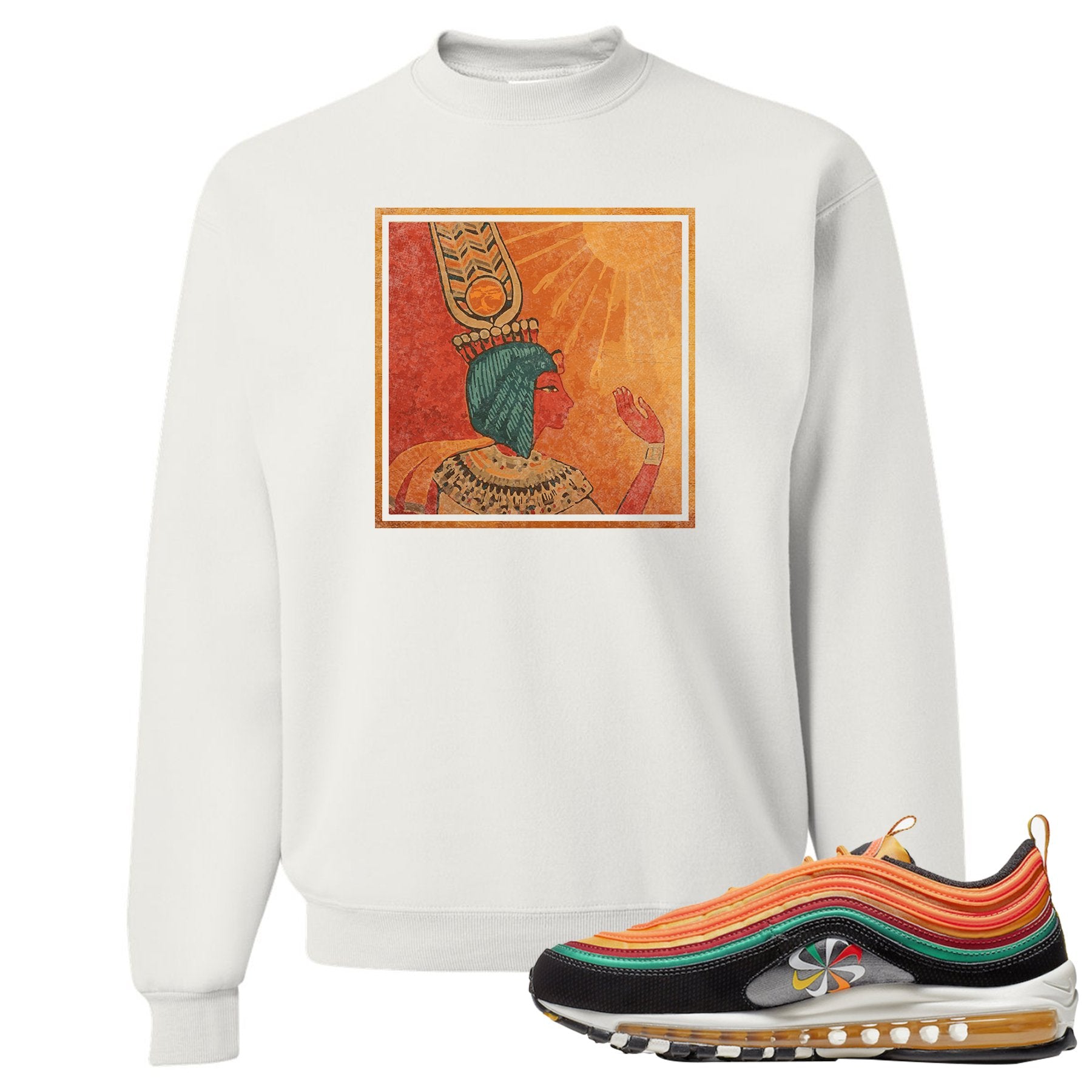 Printed on the front of the Air Max 97 sunburst white sneaker matching crewneck sweatshirt is the Vintage Egyptian logo