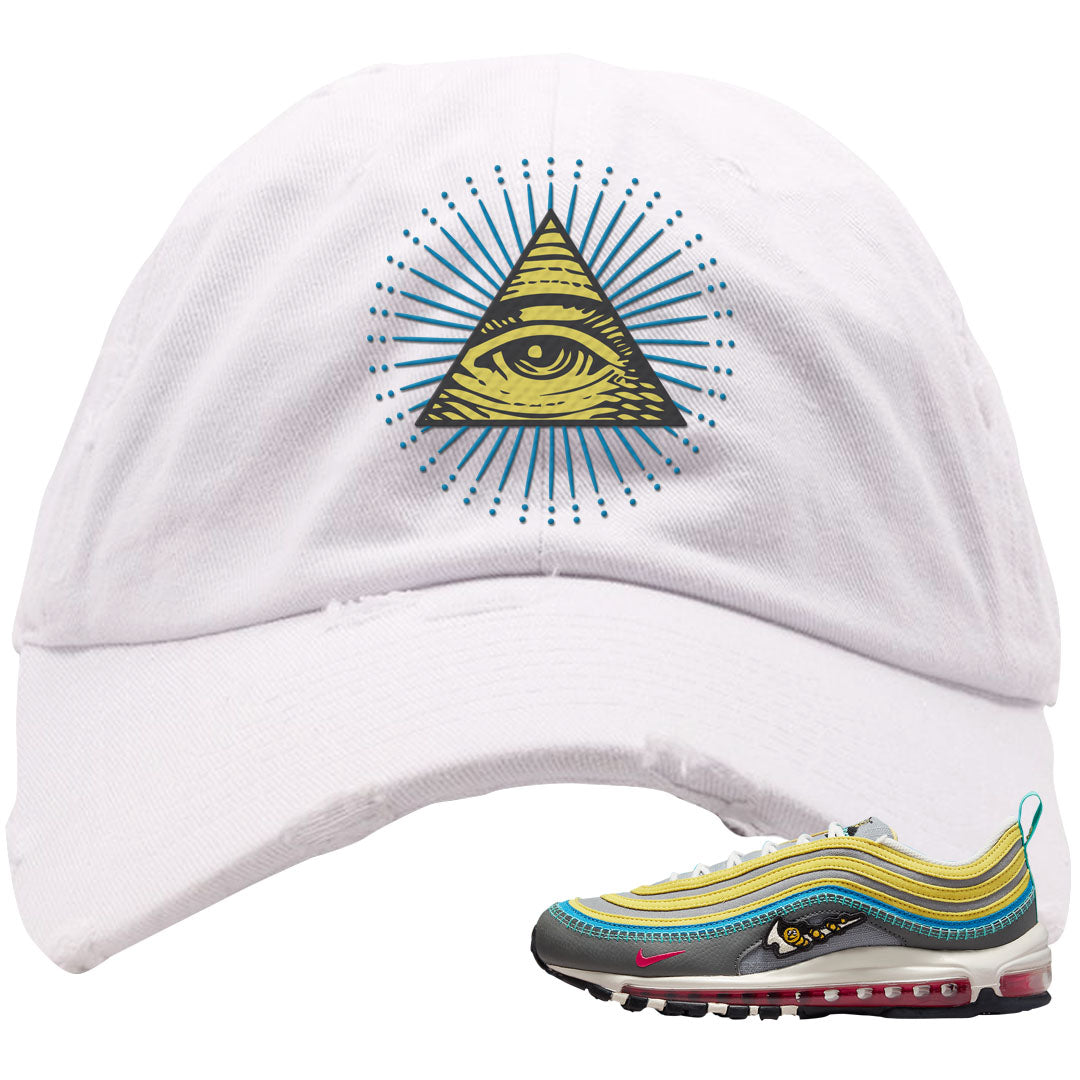 Sprung Yellow 97s Distressed Dad Hat | All Seeing Eye, White