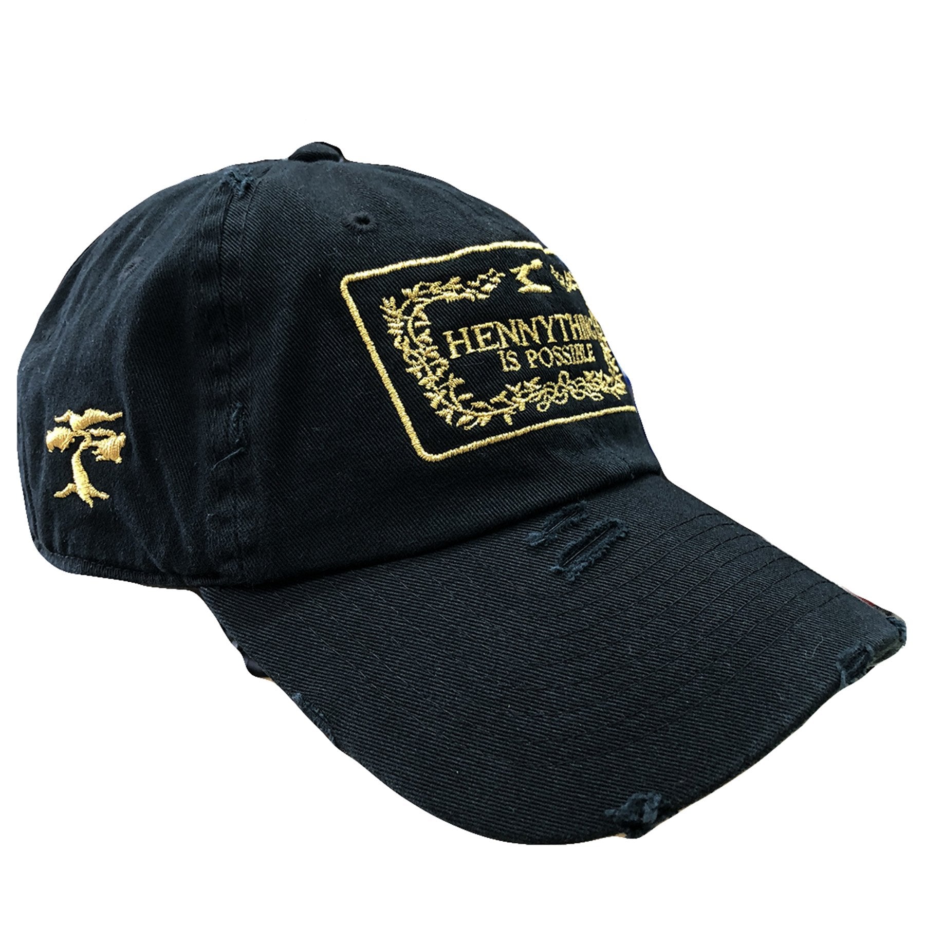 Embroidered on the right side of the Hennything is Possible black distressed dad hat is the Foot Clan bonsai tree embroidered in metallic gold thread