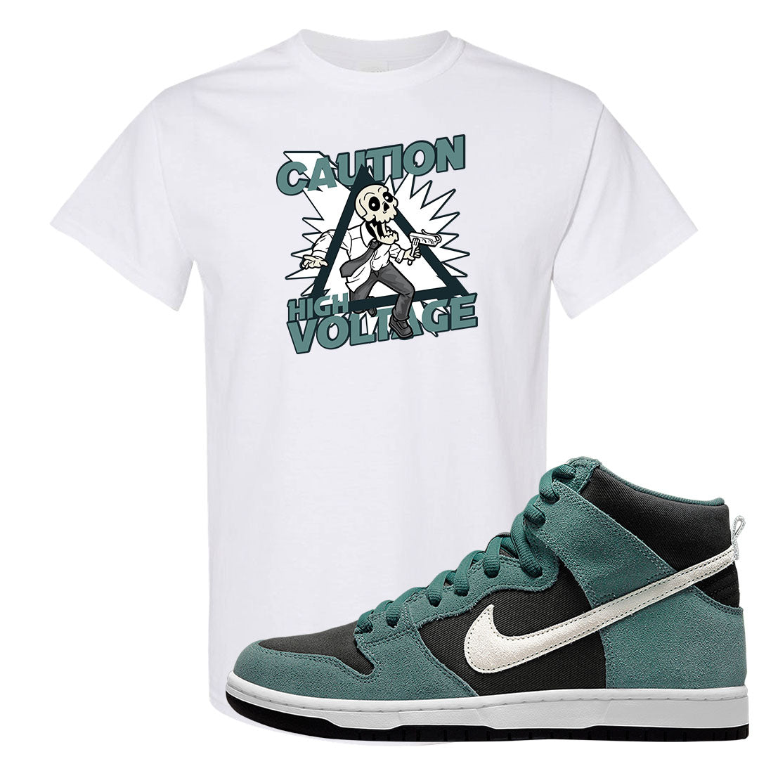 Green Suede High Dunks T Shirt | Caution High Voltage, White
