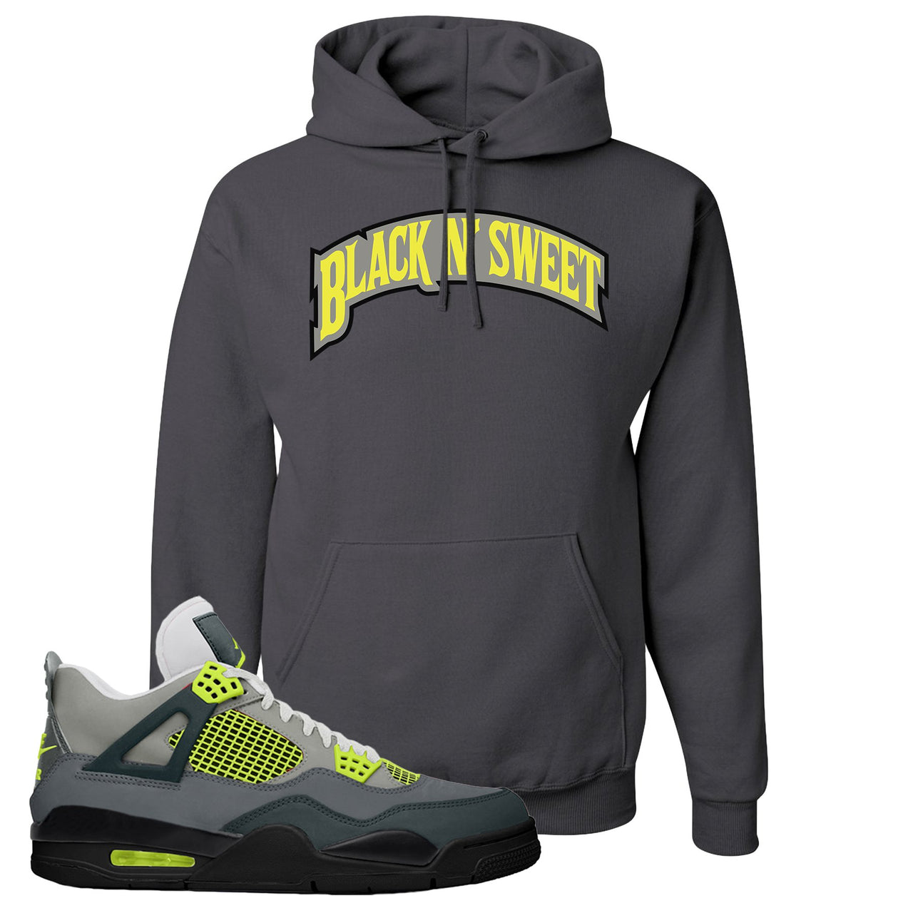 Jordan 4 Neon Sneaker Charcoal Gray Pullover Hoodie | Hoodie to match Nike Air Jordan 4 Neon Shoes | Black N Sweet Arch