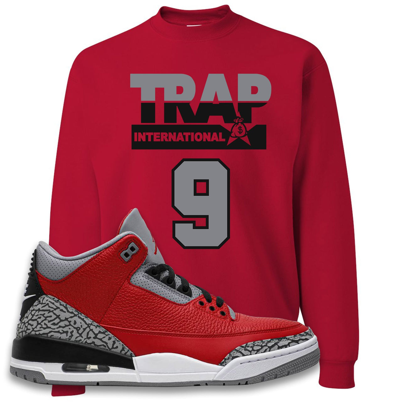 Chicago Exclusive Jordan 3 Red Cement Sneaker True Red Crewneck Sweatshirt | Crewneck to match Jordan 3 All Star Red Cement Shoes | Trap International