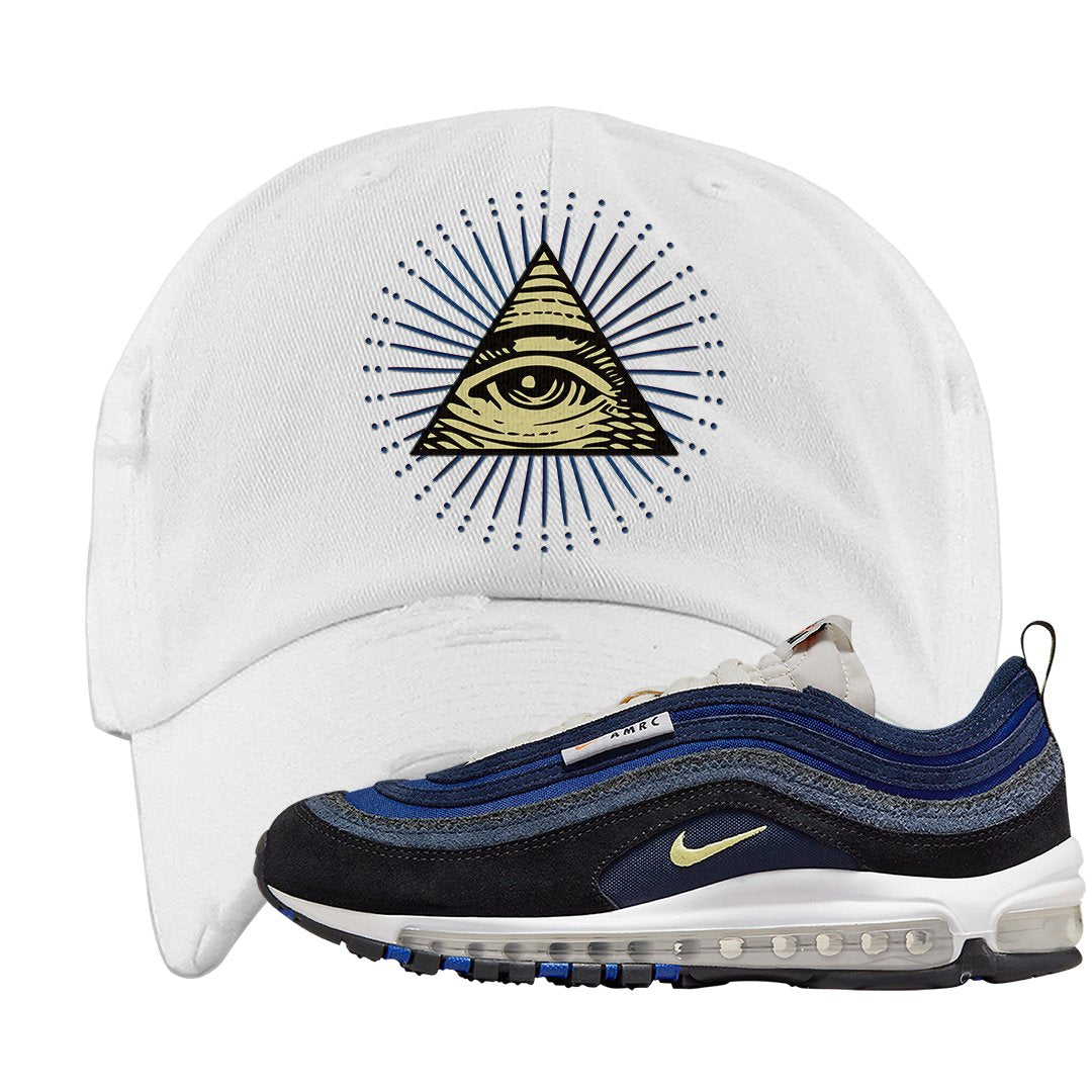 Navy Suede AMRC 97s Distressed Dad Hat | All Seeing Eye, White