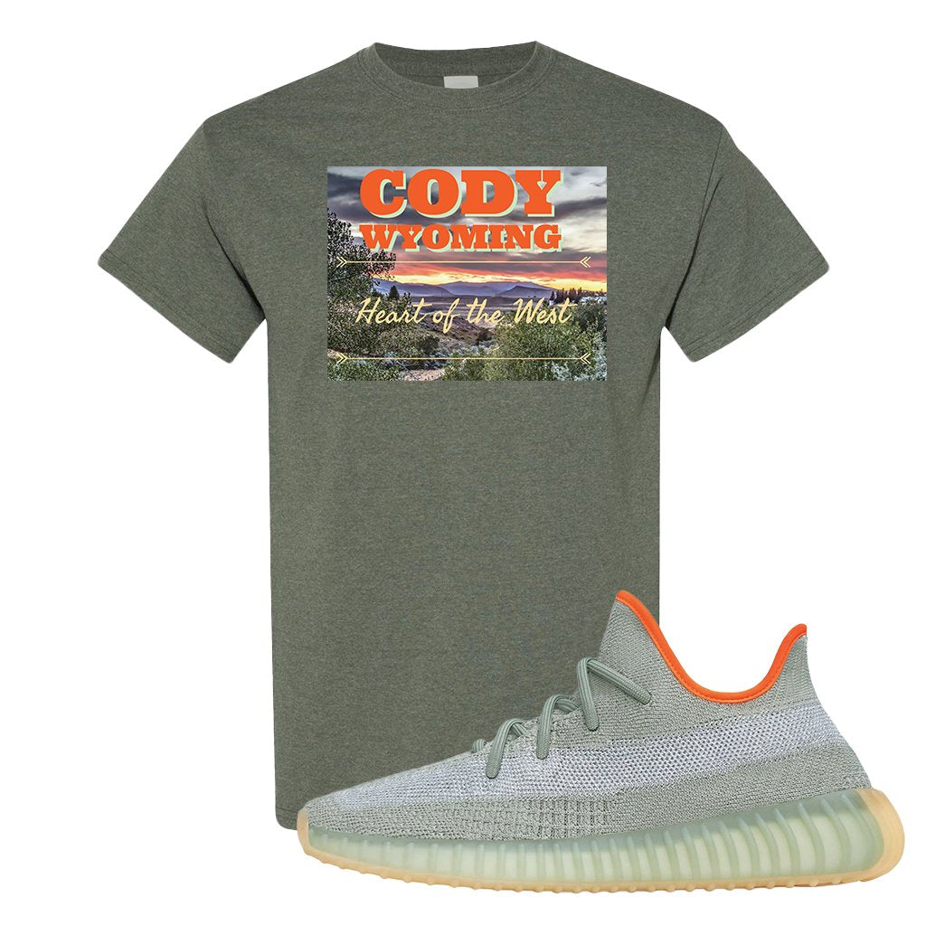 Yeezy 350 V2 Desert Sage Sneaker T Shirt |Cody Wyoming Heart Of The West | Heather Military Green