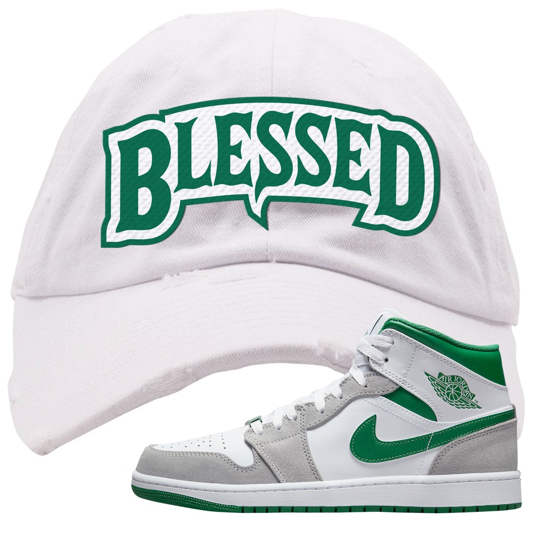 Light Smoke Pine Green Mid 1s Distressed Dad Hat | Blessed Arch, White