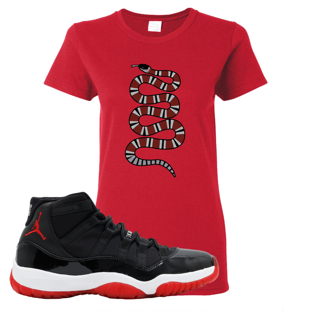 Jordan 11 Bred Coiled Snake Red Sneaker Hook Up Women's T-Shirt
