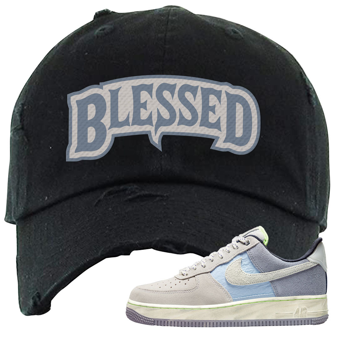 Womens Mountain White Blue AF 1s Distressed Dad Hat | Blessed Arch, Black