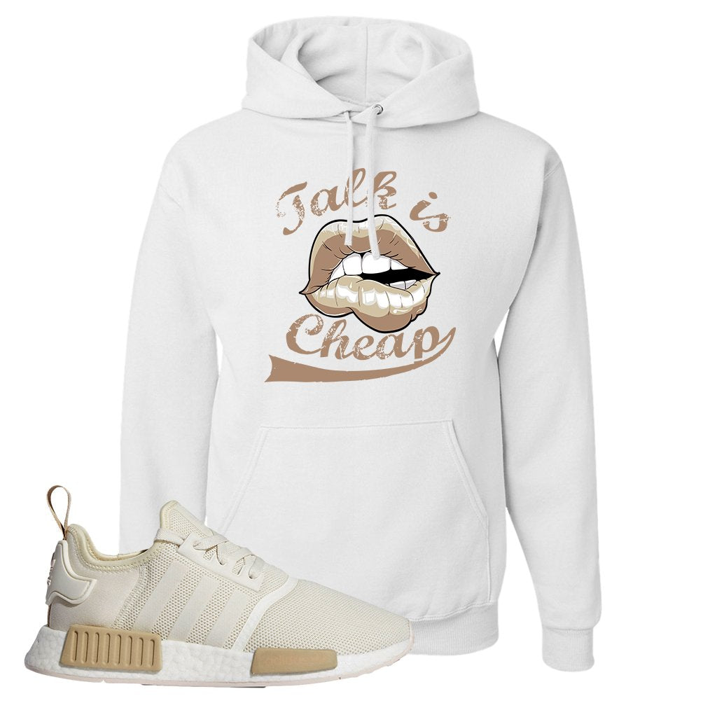 NMD R1 Chalk White Sneaker White Pullover Hoodie | Hoodie to match Adidas NMD R1 Chalk White Shoes | Talk is Cheap