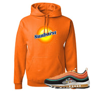 Printed on the front of the Air Max 97 Sunburst safety orange sneaker matching pullover hoodie is the sunburst soda logo