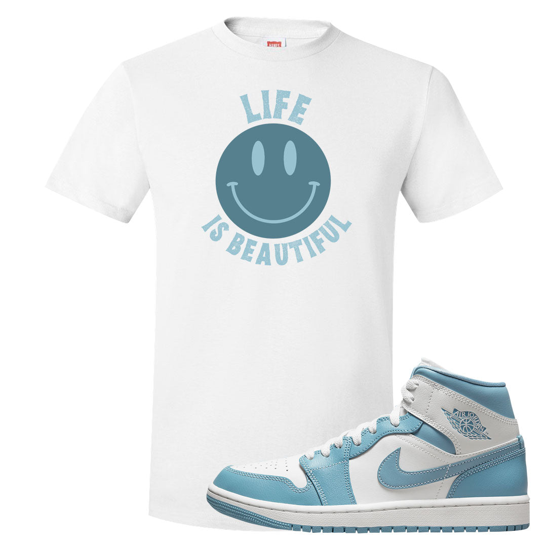 University Blue Mid 1s T Shirt | Smile Life Is Beautiful, White