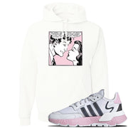 WMNS Nite Jogger Pink Boost Sneaker White Pullover Hoodie | Hoodie to match Adidas WMNS Nite Jogger Pink Boost Shoes | Fake Love Comic