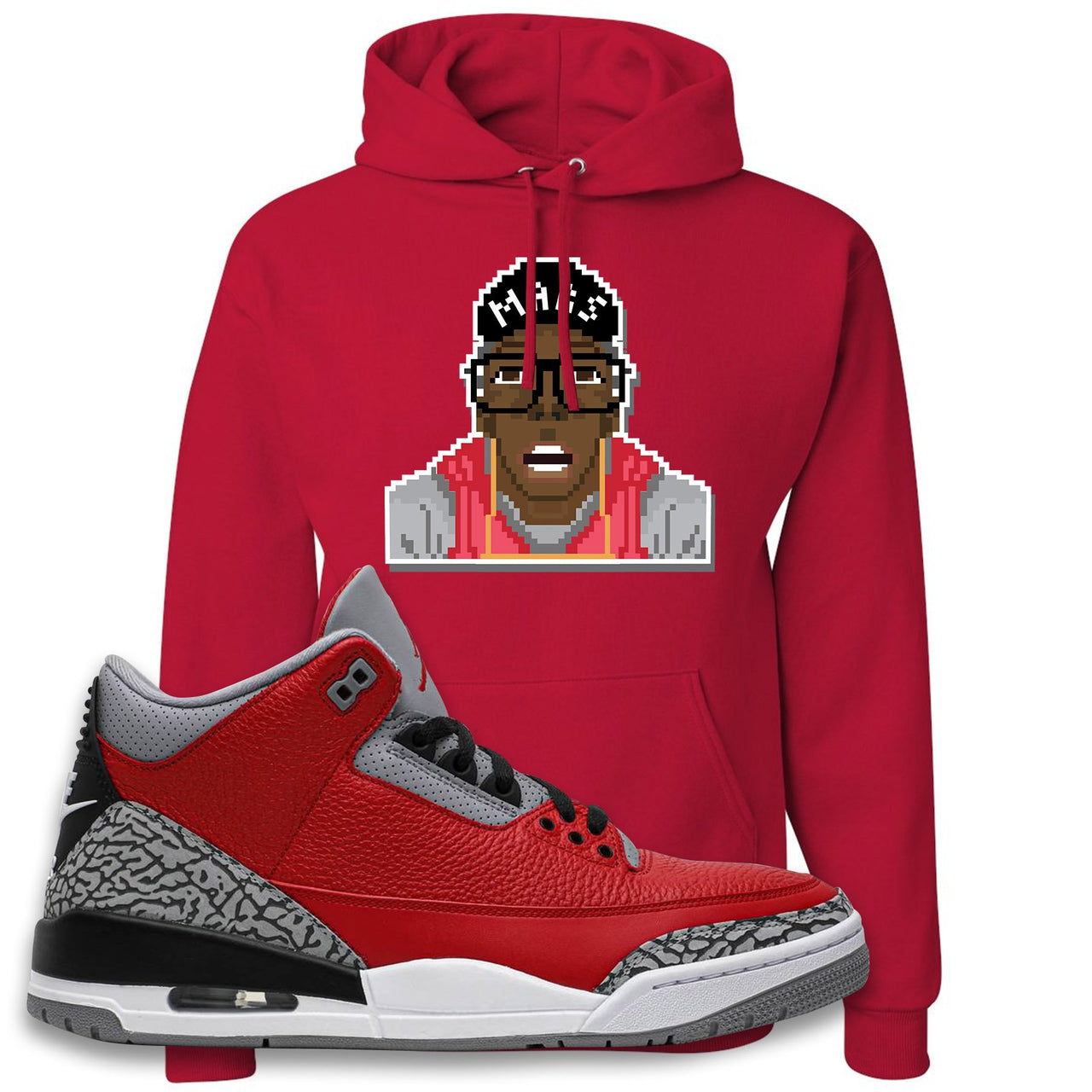 Jordan 3 Red Cement Chicago All-Star Sneaker True Red Pullover Hoodie | Hoodie to match Jordan 3 All Star Red Cement Shoes | Mars Pixel