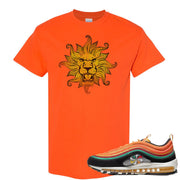 Printed on the front of the Air Max 97 Sunburst orange sneaker matching t-shirt is the vintage lion head