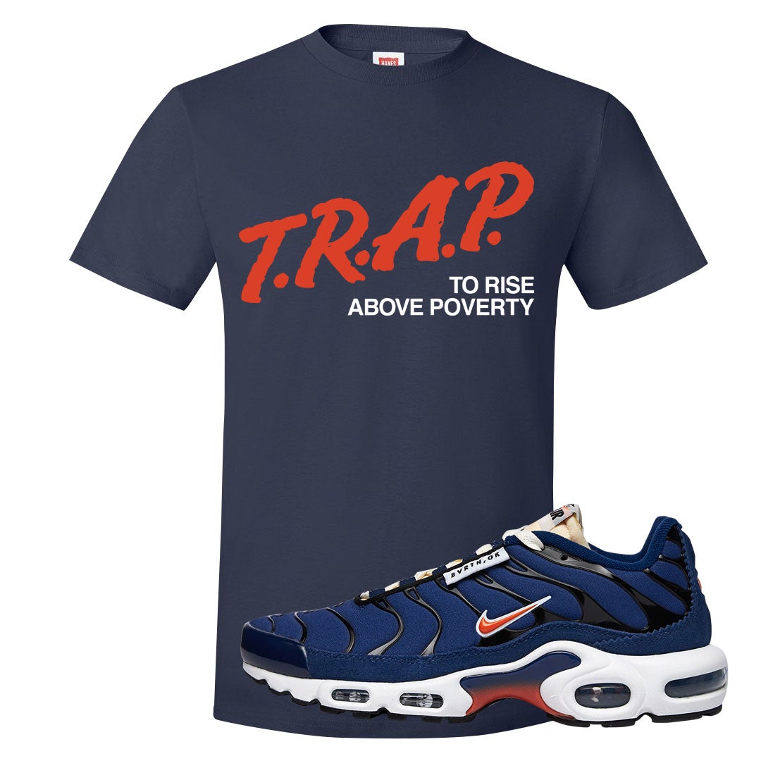 Obsidian AMRC Pluses T Shirt | Trap To Rise Above Poverty, Navy Blue