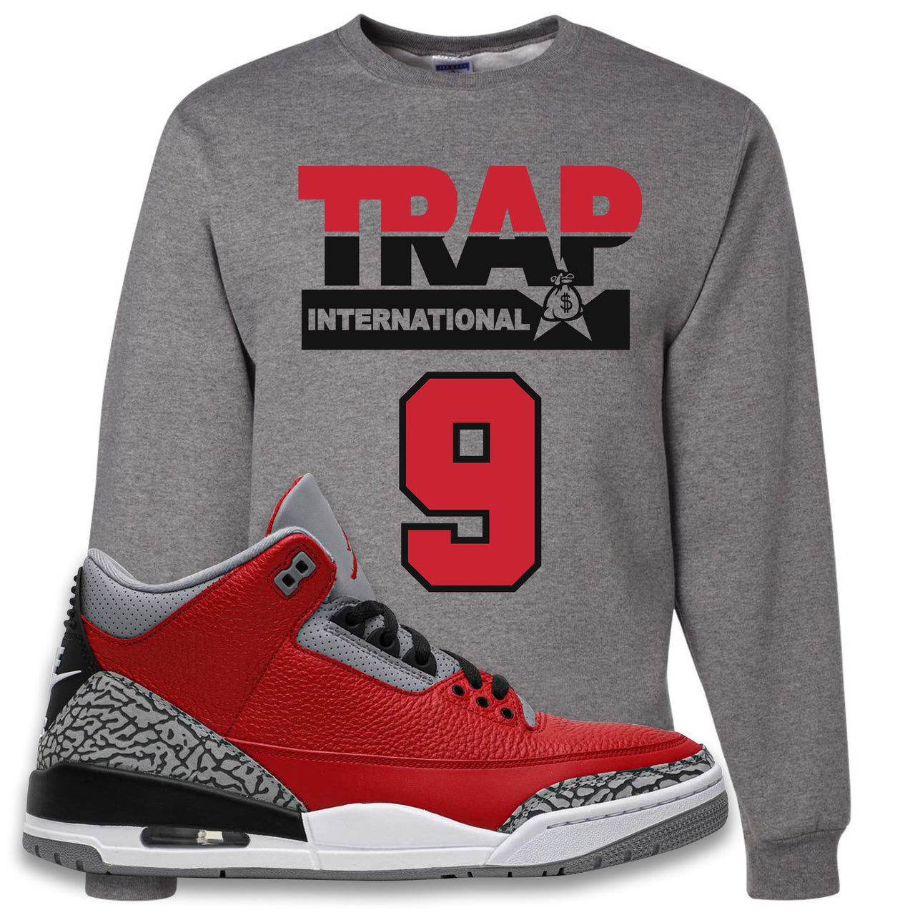 Chicago Exclusive Jordan 3 Red Cement Sneaker Oxford Crewneck Sweatshirt | Crewneck to match Jordan 3 All Star Red Cement Shoes | Trap International