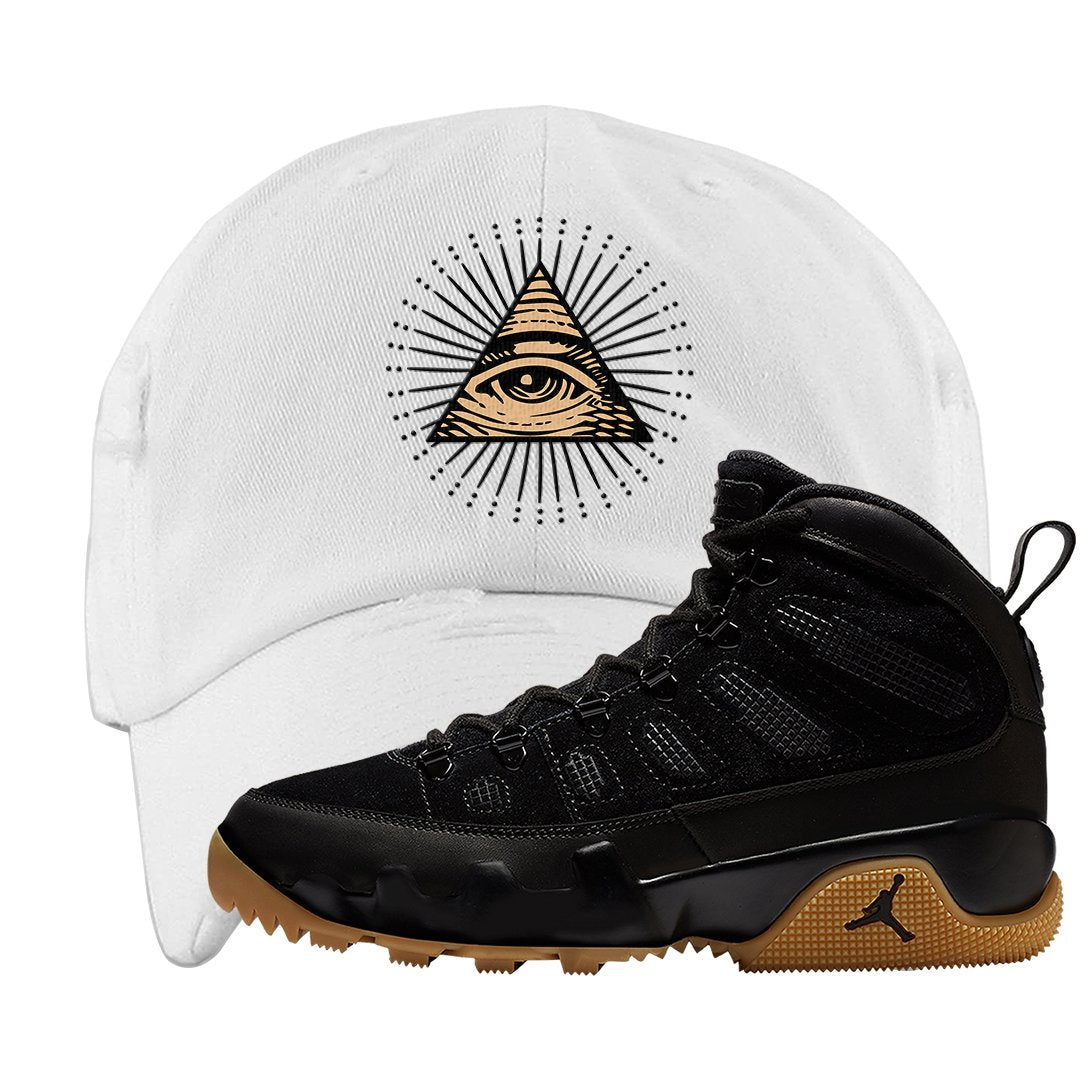 NRG Black Gum Boot 9s Distressed Dad Hat | All Seeing Eye, White