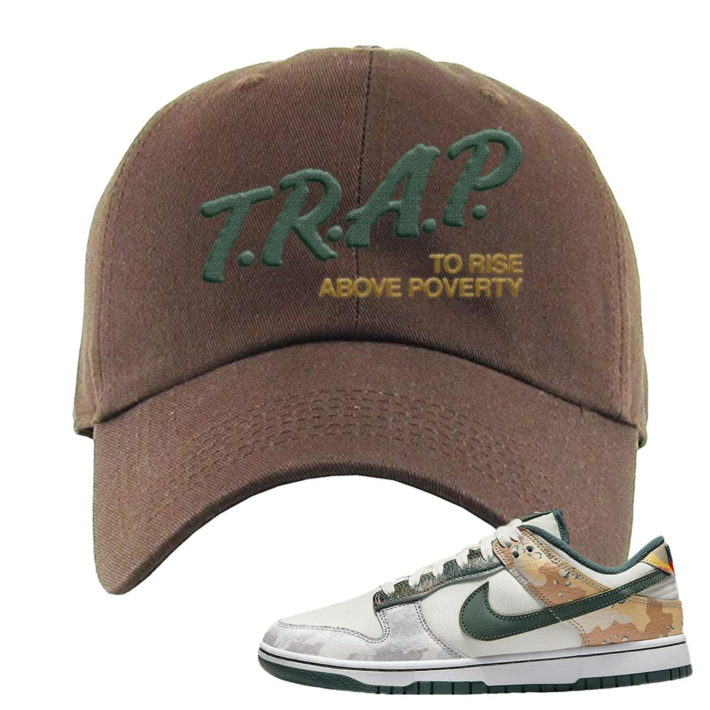 Camo Low Dunks Dad Hat | Trap To Rise Above Poverty, Brown