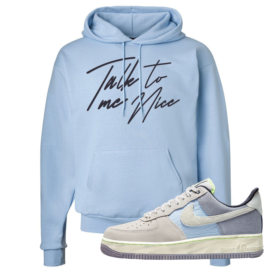 Womens Mountain White Blue AF 1s Hoodie | Talk To Me Nice, Light Blue