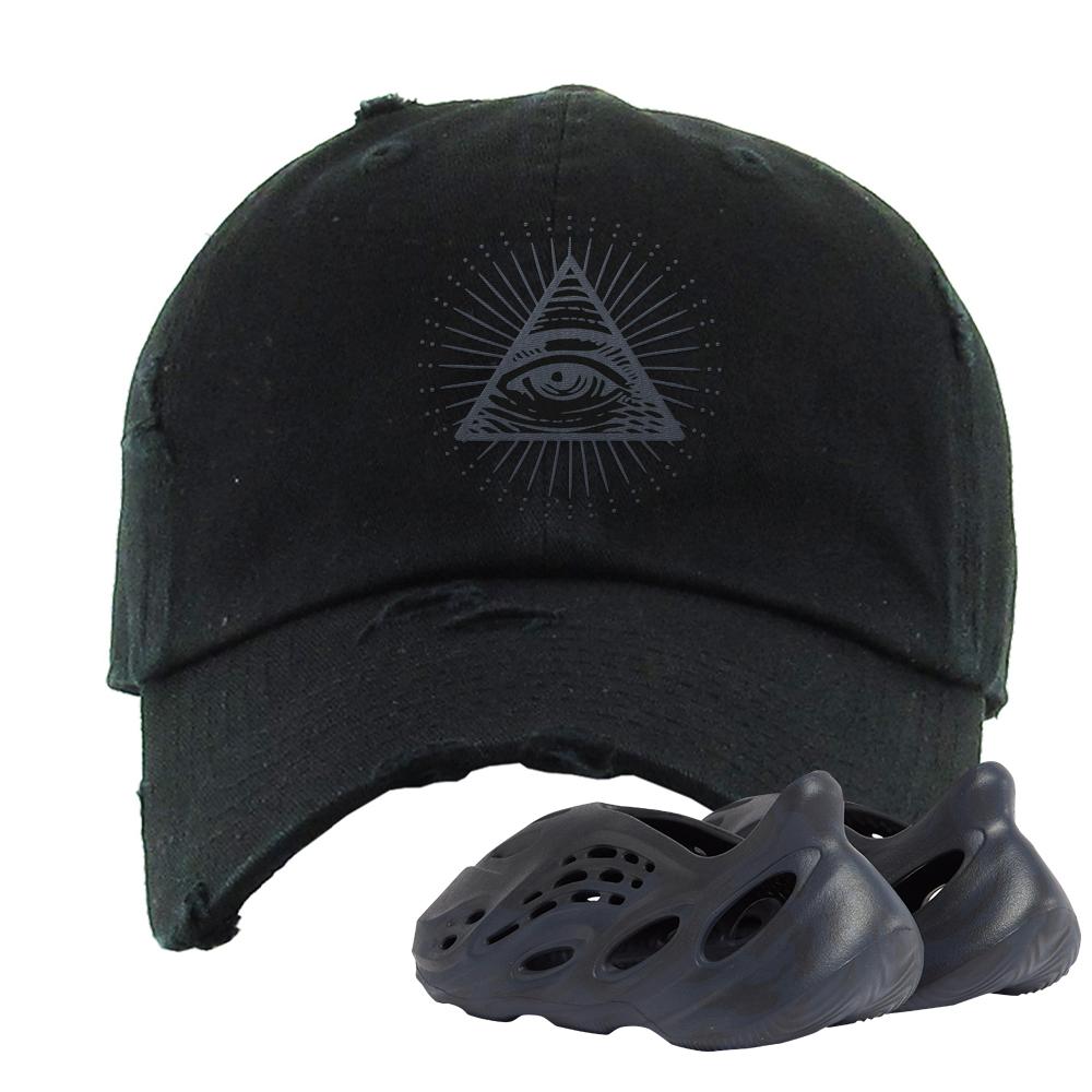 Yeezy Foam Runner Mineral Blue Distressed Dad Hat | All Seeing Eye, Black