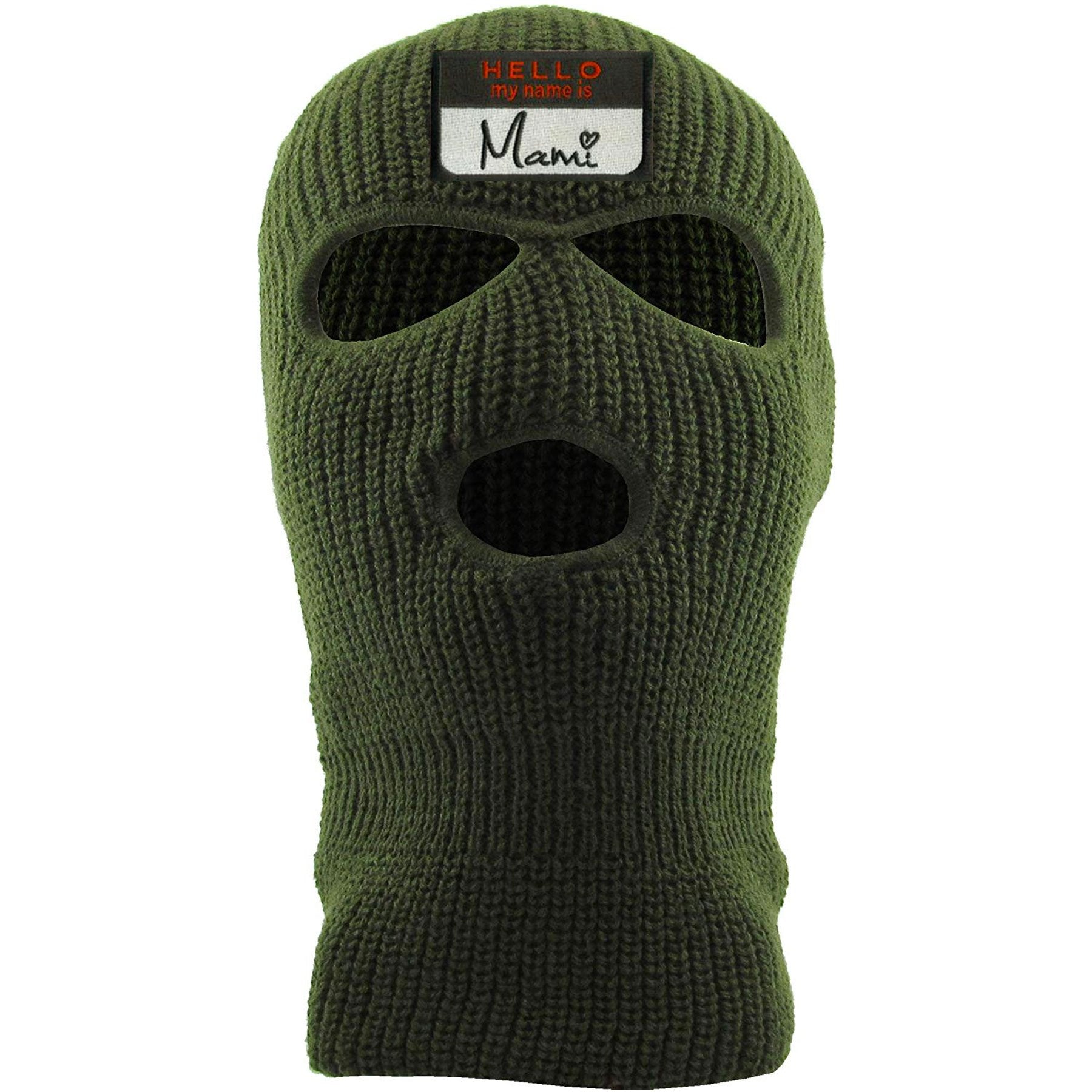 Embroidered on the front of the olive knit 3 hole ski mask is the hello my name is mami logo embroidered in white, red, and black