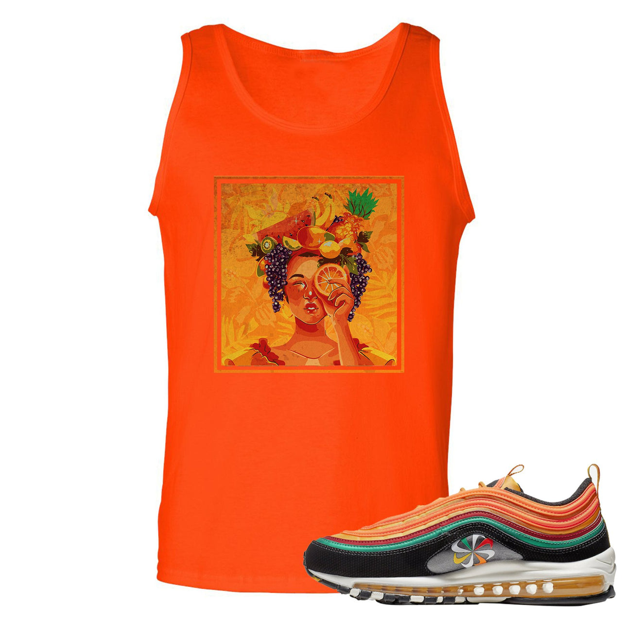 Printed on the front of the Air Max 97 Sunburst orange sneaker matching tank top is the Lady Fruit logo