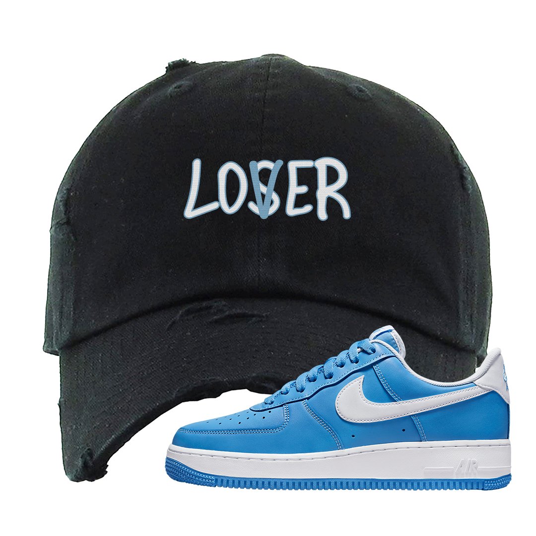 University Blue Low AF1s Distressed Dad Hat | Lover, Black