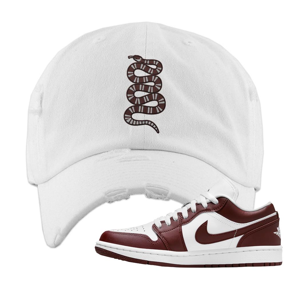 Air Jordan 1 Low Team Red Distressed Dad Hat | Coiled Snake, White