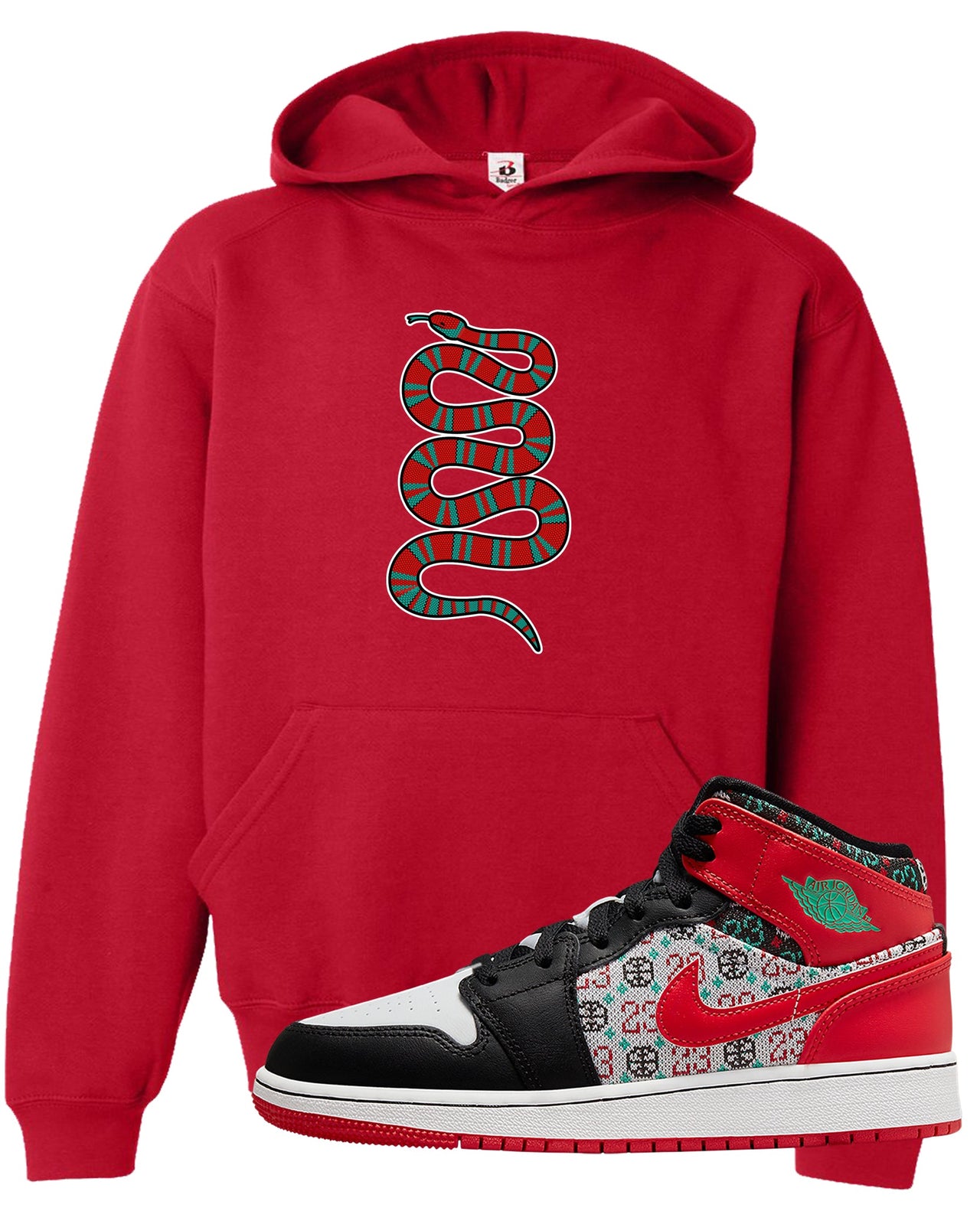 Ugly Sweater GS Mid 1s Kid's Hoodie | Coiled Snake, Red