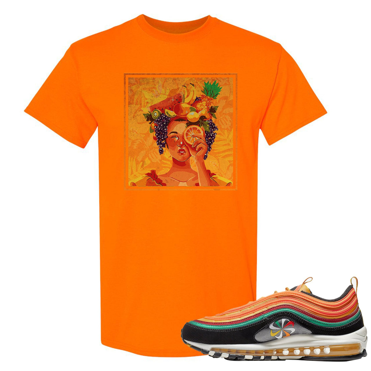 Printed on the front of the Air Max 97 Sunburst safety orange sneaker matching t-shirt is the Lady Fruit logo