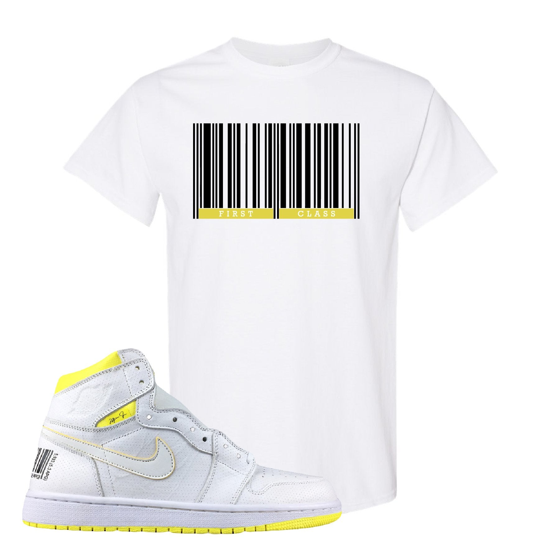 Air Jordan 1 First Class Flight First Class Barcode White Sneaker Matching T-Shirt