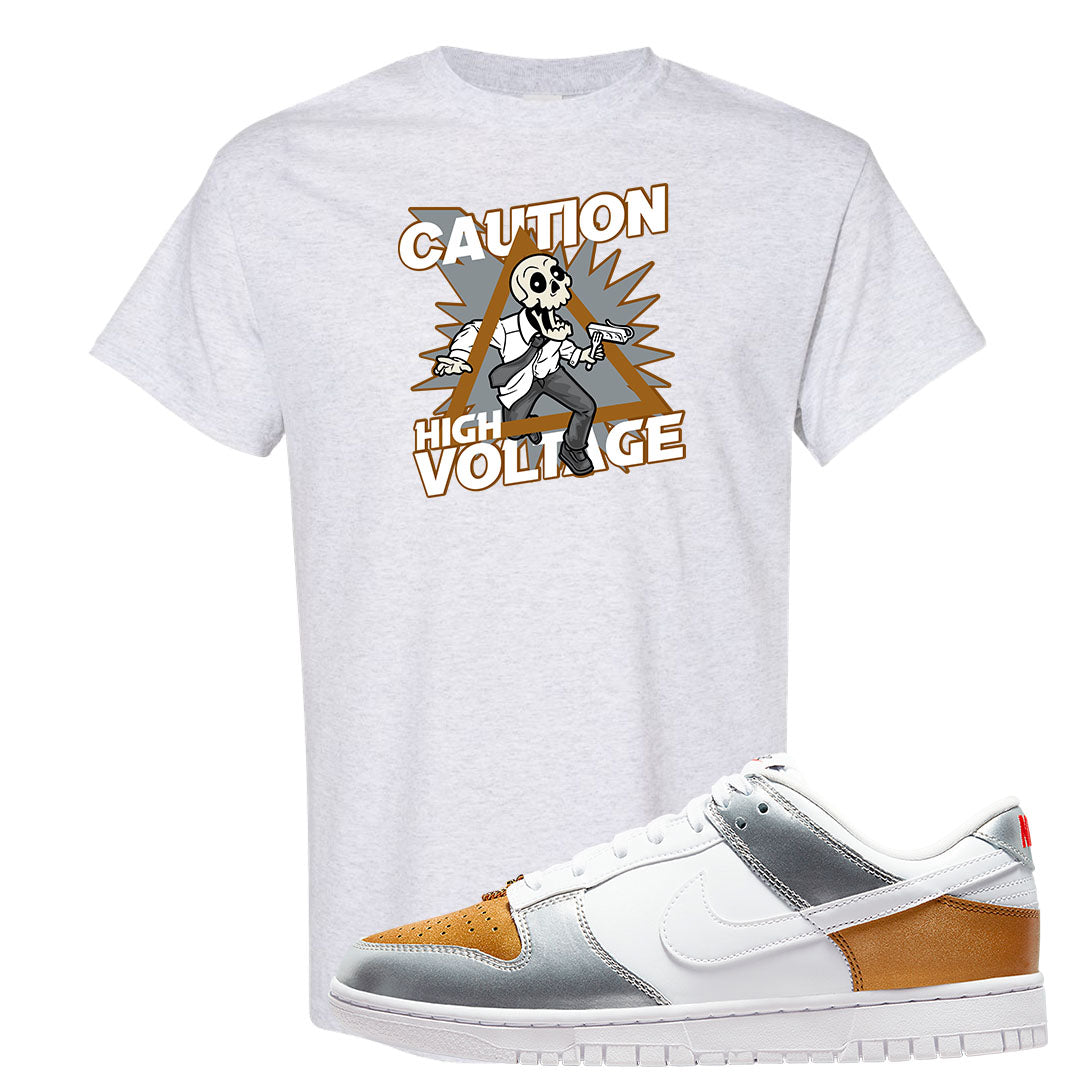 Gold Silver Red Low Dunks T Shirt | Caution High Voltage, Ash