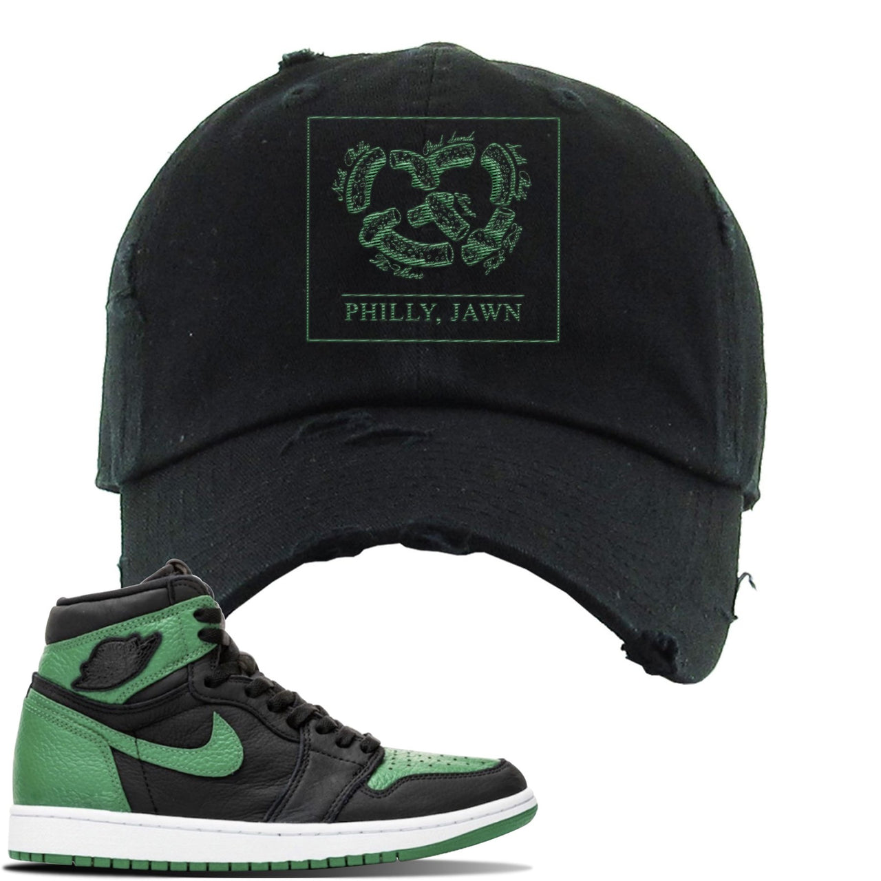 Jordan 1 Retro High OG Pine Green Gym Sneaker Black Distressed Dad Hat | Hat to match Air Jordan 1 Retro High OG Pine Green Gym Shoes | Philly Pretzel