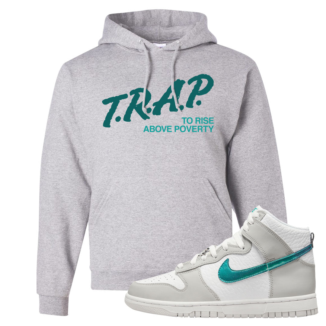 White Grey Turquoise High Dunks Hoodie | Trap To Rise Above Poverty, Ash