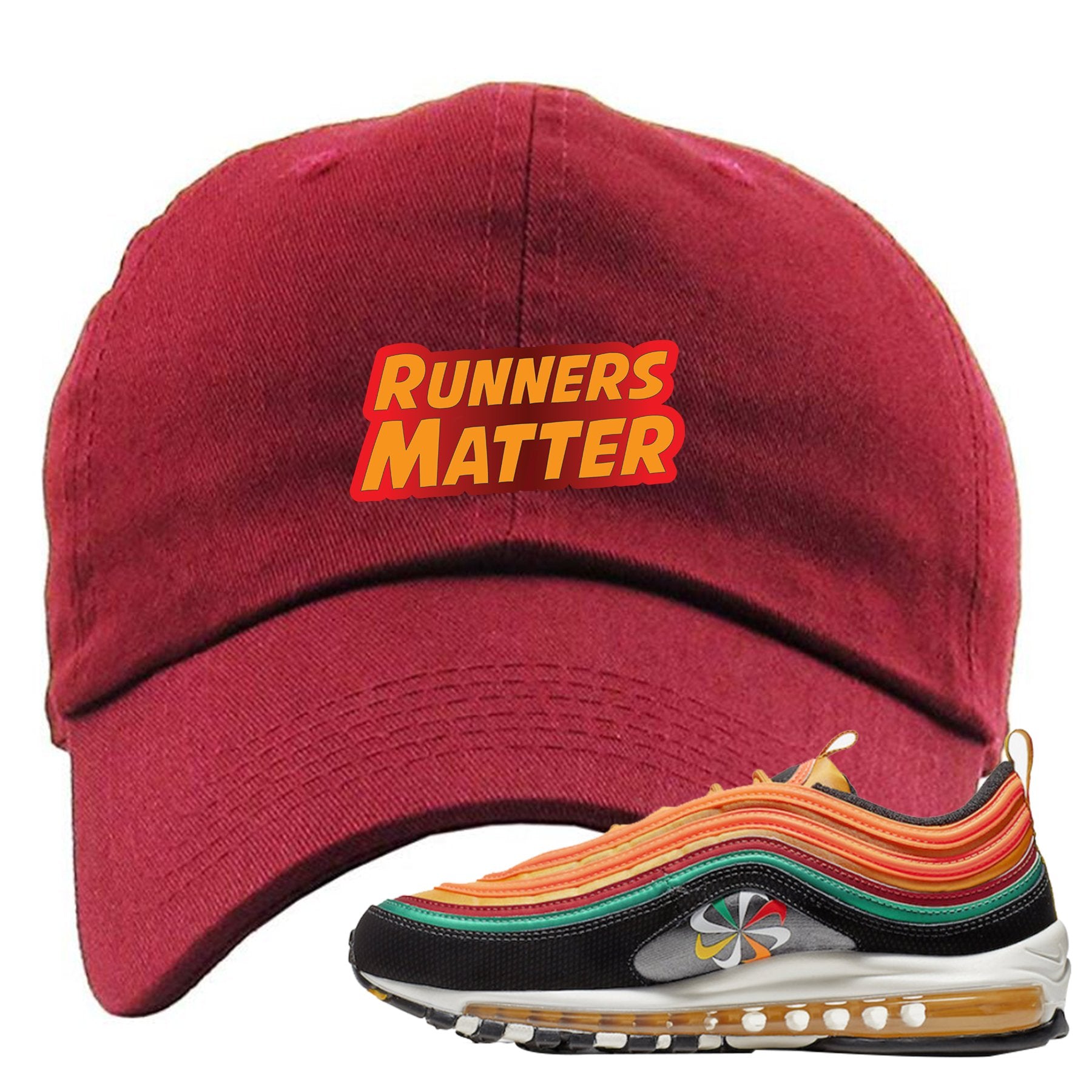 Embroidered on the front of the Air Max 97 Sunburst sneaker matching maroon dad hat is the runners matter logo