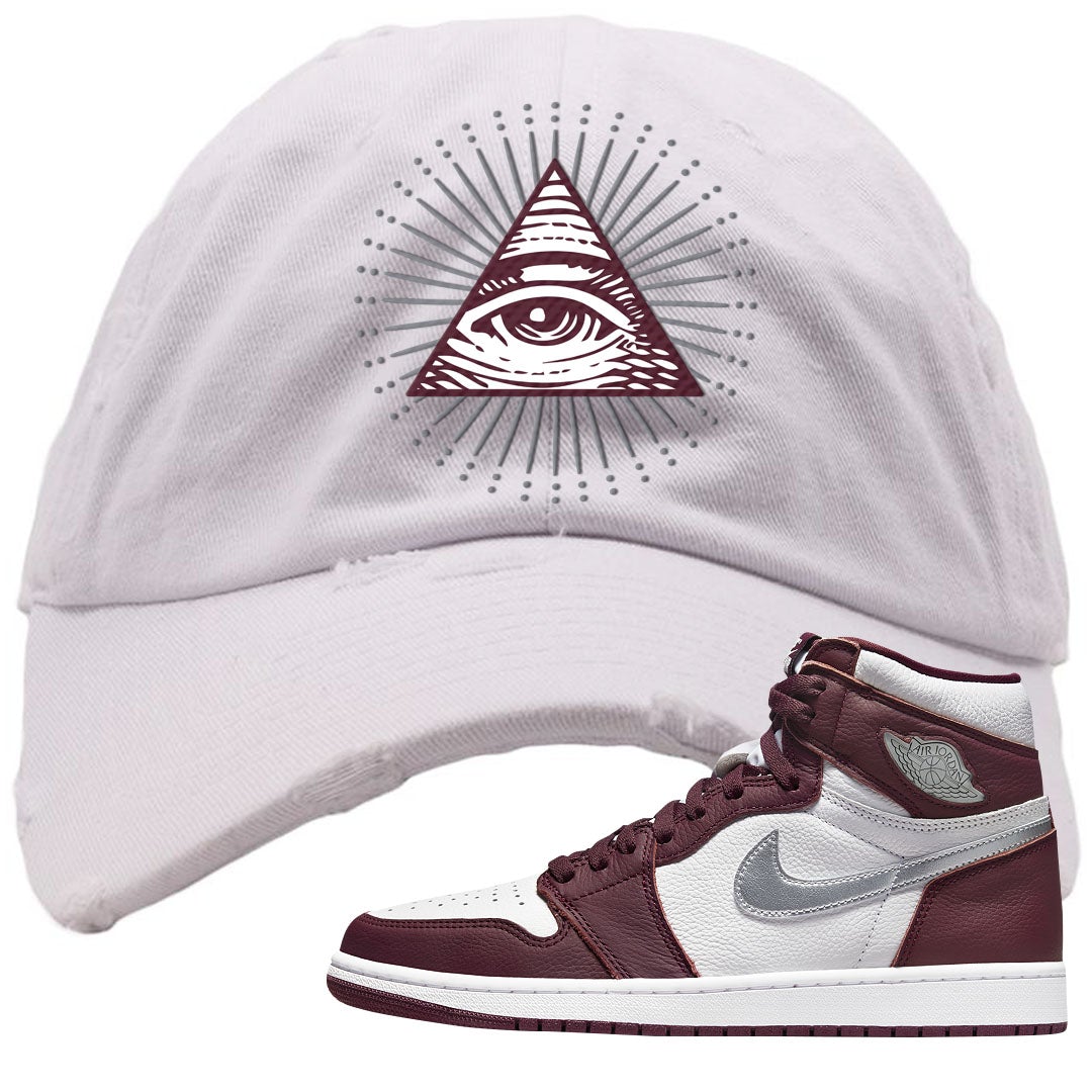 Bordeaux 1s Distressed Dad Hat | All Seeing Eye, White