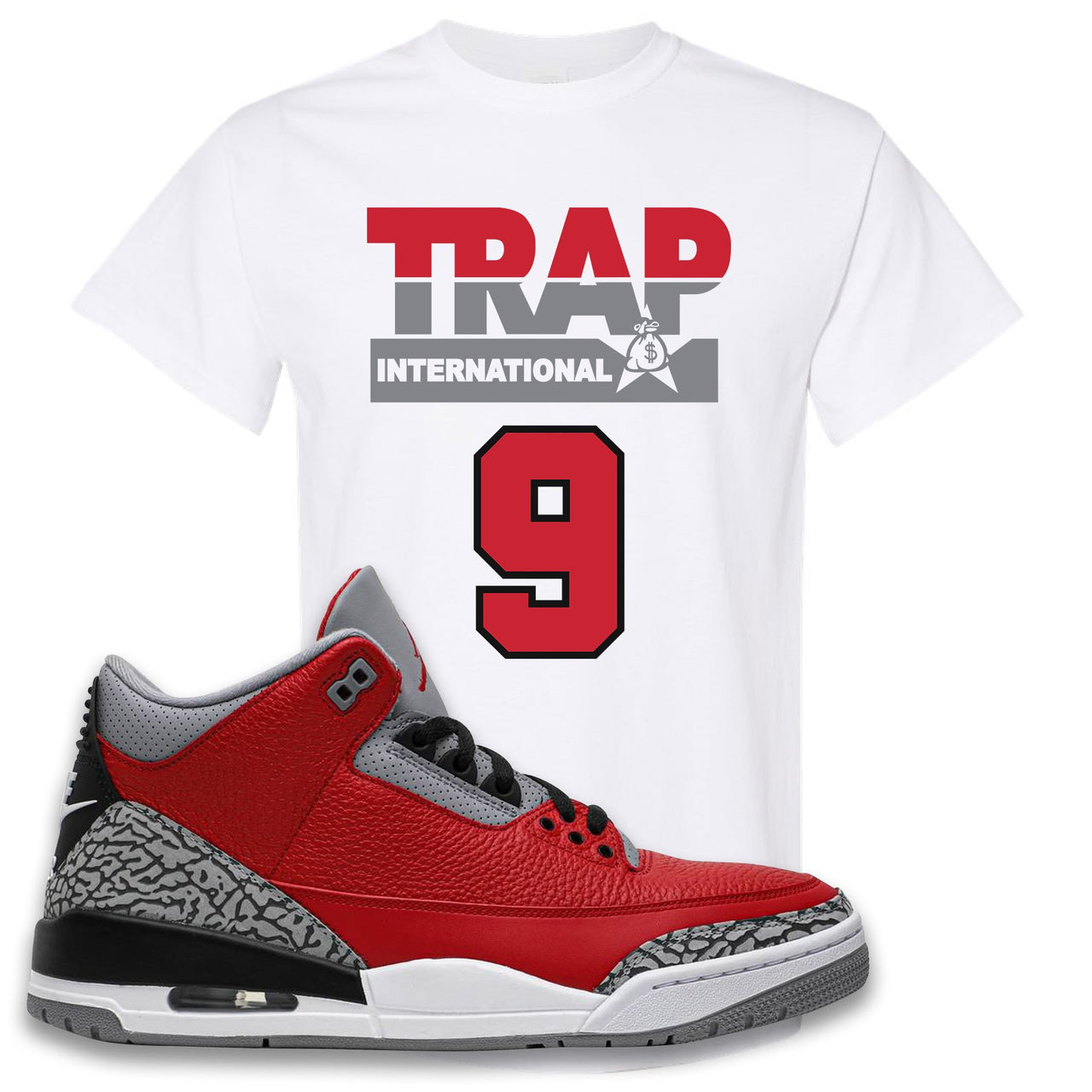 Jordan 3 Red Cement Chicago All-Star Sneaker White T Shirt | Tees to match Jordan 3 All Star Red Cement Shoes | Trap International