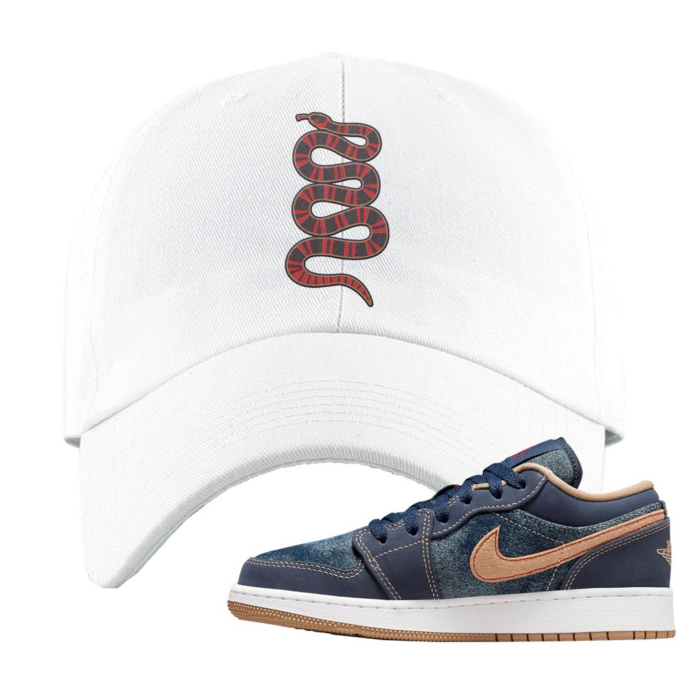 Denim Gum Bottom Low 1s Dad Hat | Coiled Snake, White