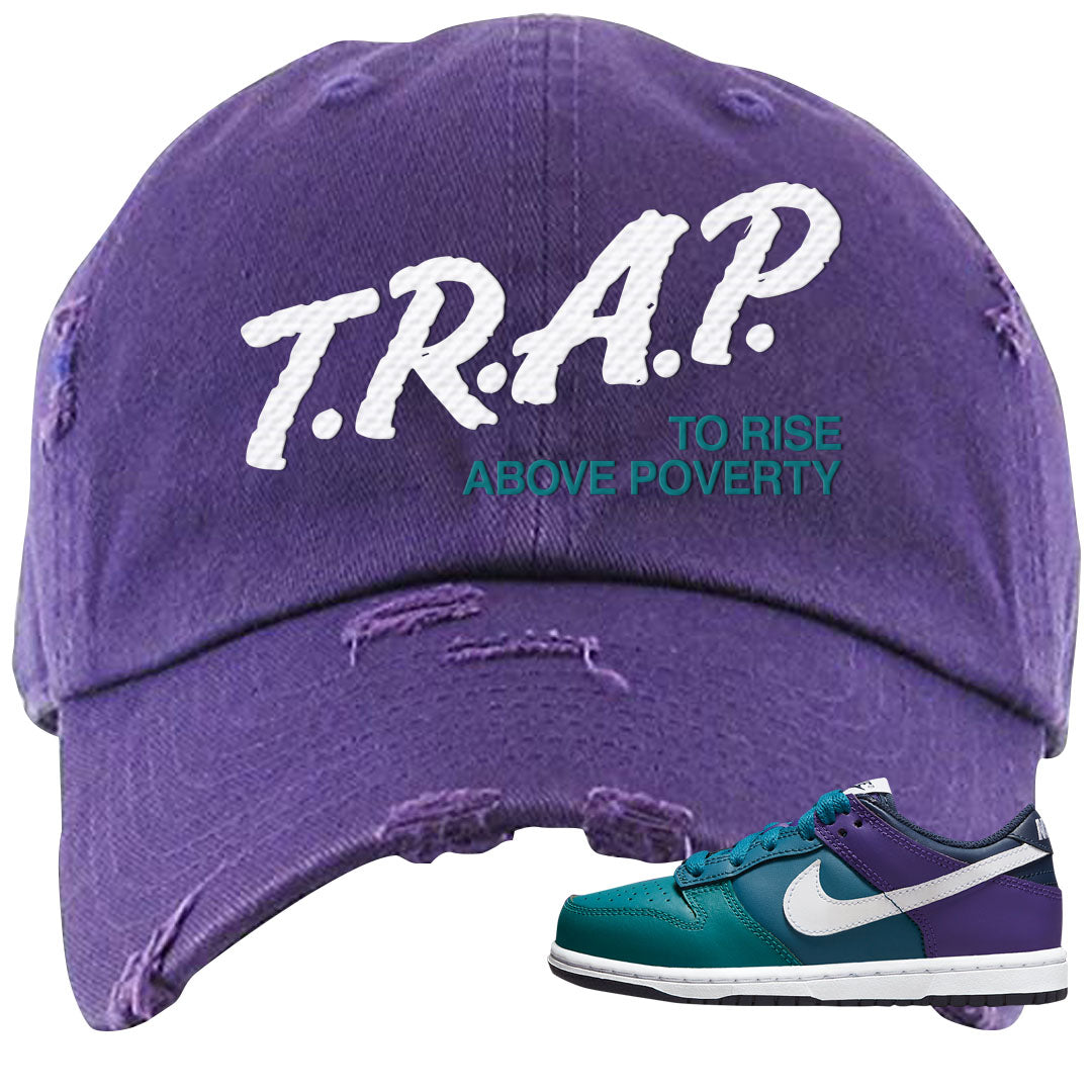 Teal Purple Low Dunks Distressed Dad Hat | Trap To Rise Above Poverty, Purple