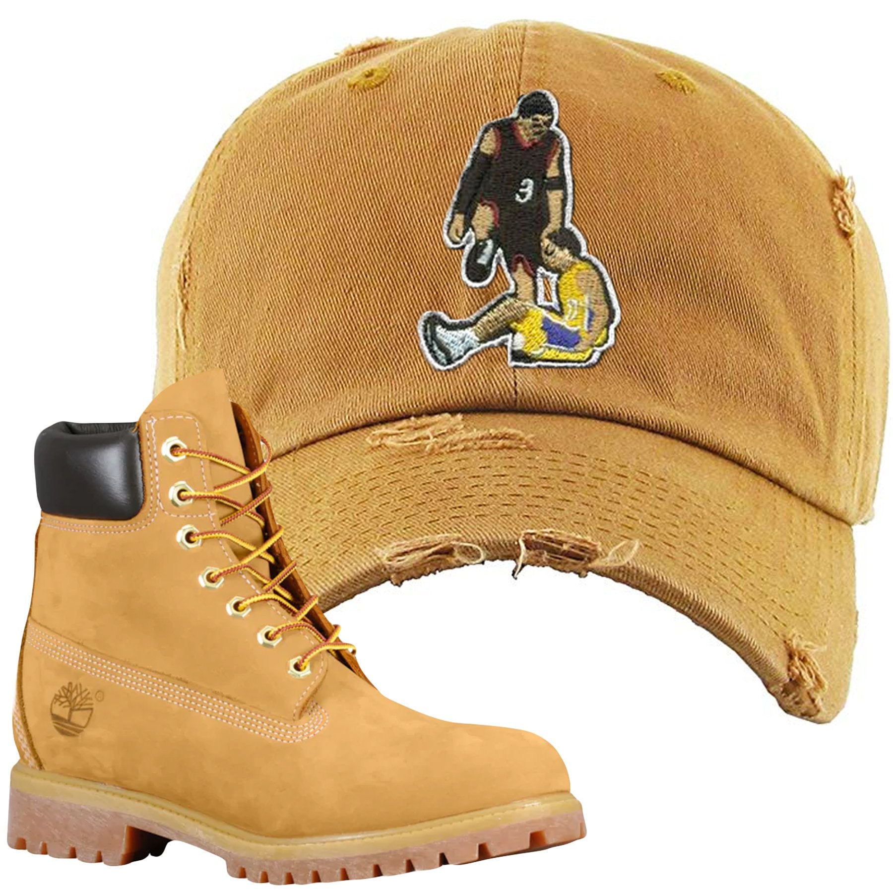Embroidered on the front of the Timberland Wheat Timbs Boot Matching Dad Hat is a matching Timberland Wheat Timbs inspired logo