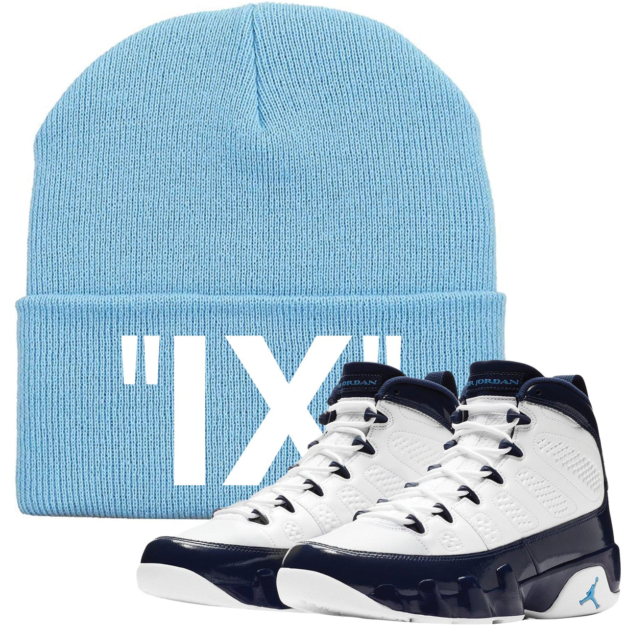 This Jordan 9 UNC All Star Blue Pearl sneaker matching winter beanie is perfect for matching the Jordan 9 UNC  Blue Pear sneakers
