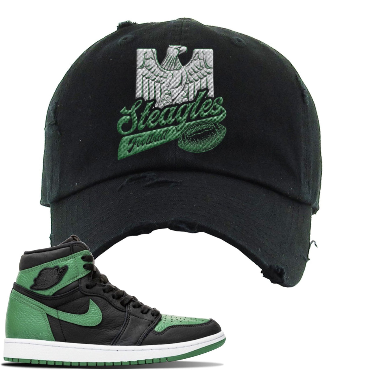 Jordan 1 Retro High OG Pine Green Gym Sneaker Black Distressed Dad Hat | Hat to match Air Jordan 1 Retro High OG Pine Green Gym Shoes | Steagles