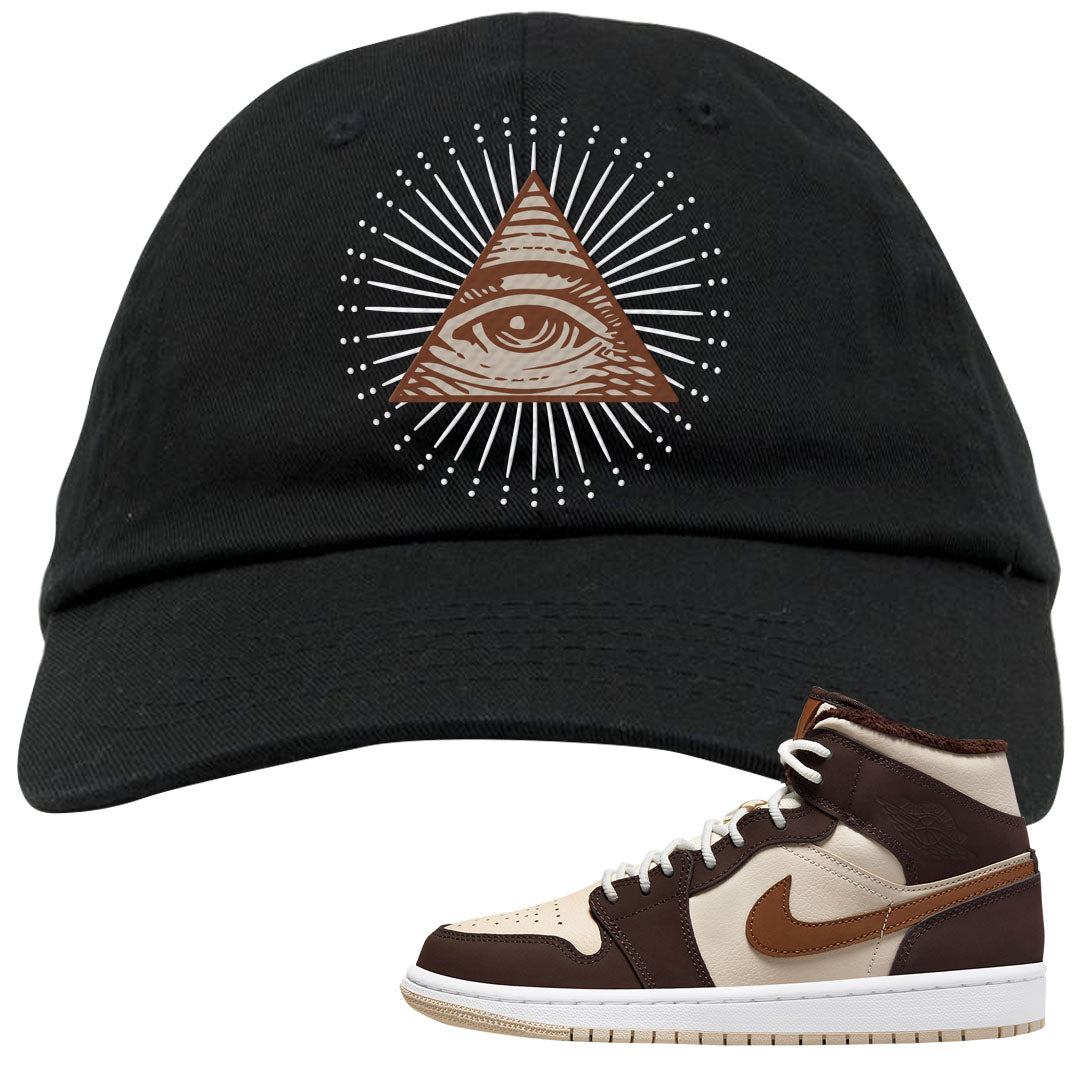 Brown Fleece Mid 1s Dad Hat | All Seeing Eye, Black