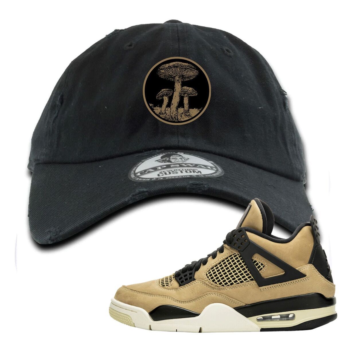 Jordan 4 WMNS Mushroom Sneaker Matching Black Mushroom Logo Distressed Dad Hat