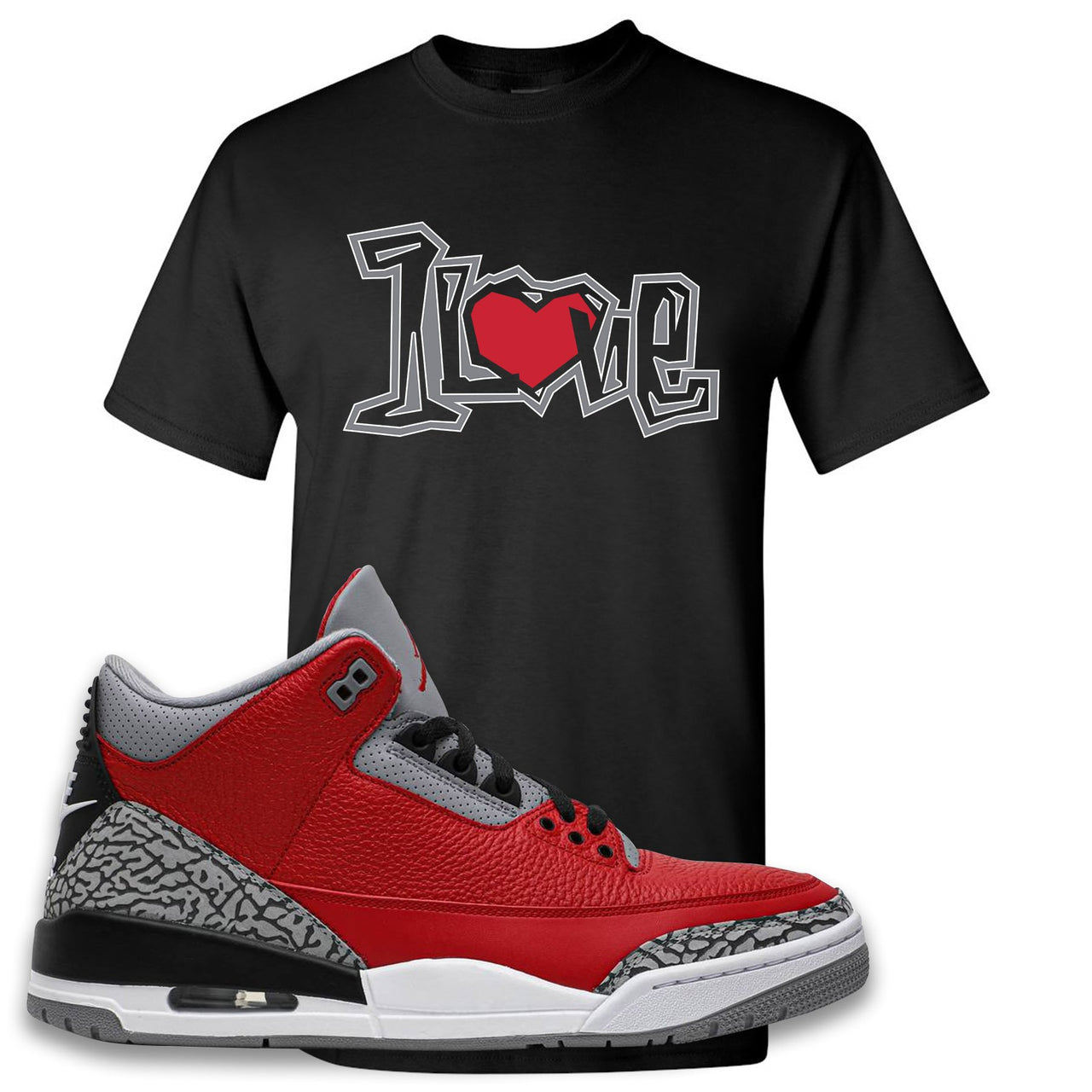 Jordan 3 Red Cement Chicago All-Star Sneaker Black T Shirt | Tees to match Jordan 3 All Star Red Cement Shoes | 1 Love