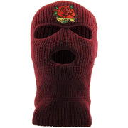 Embroidered on the forehead of the rose love maroon ski mask is the rose logo with love banner