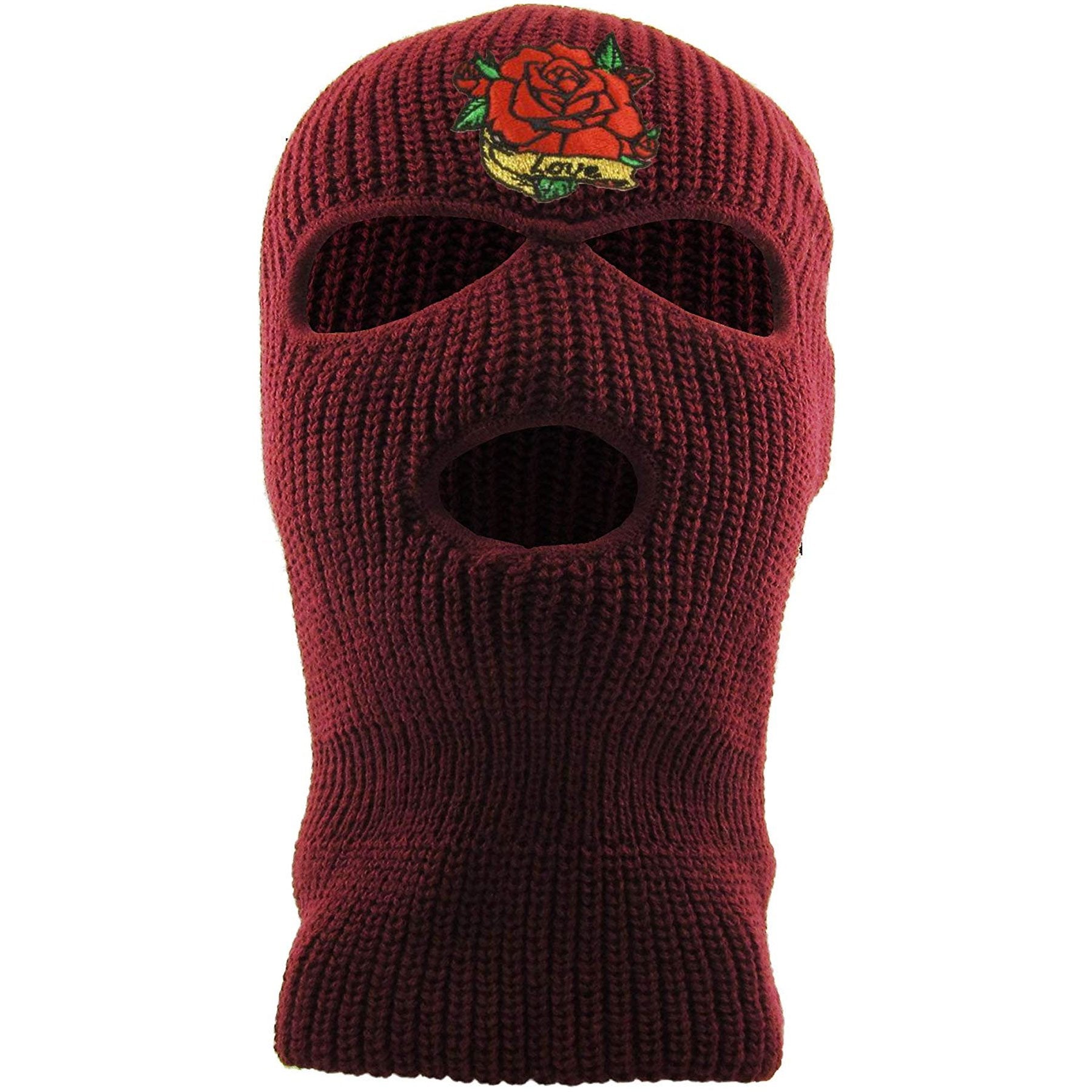 Embroidered on the forehead of the rose love maroon ski mask is the rose logo with love banner