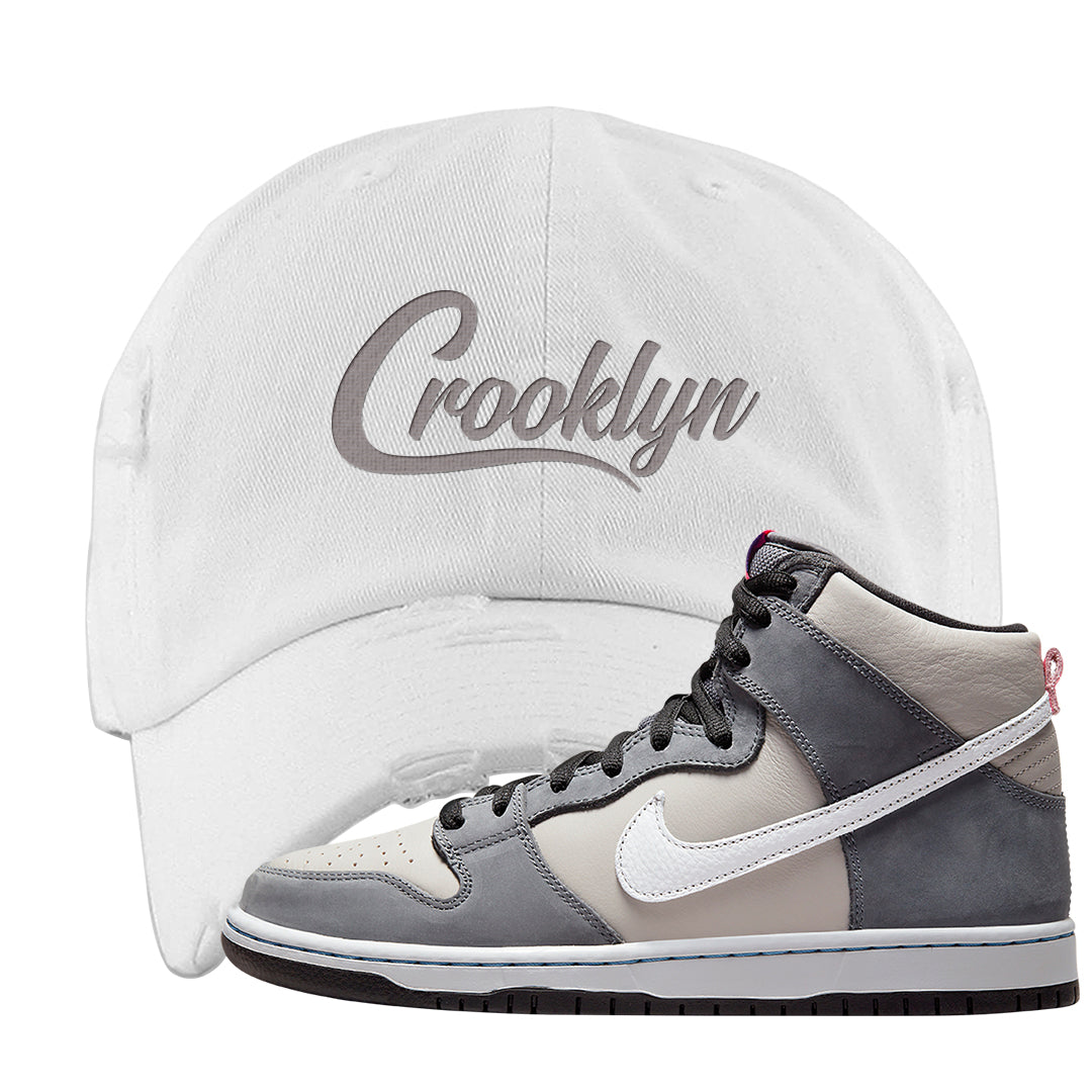 Medium Grey High Dunks Distressed Dad Hat | Crooklyn, White