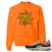 Printed on the front of the Air Max 97 Sunburst safety orange sneaker matching crewneck sweatshirt is the Vintage lion head logo